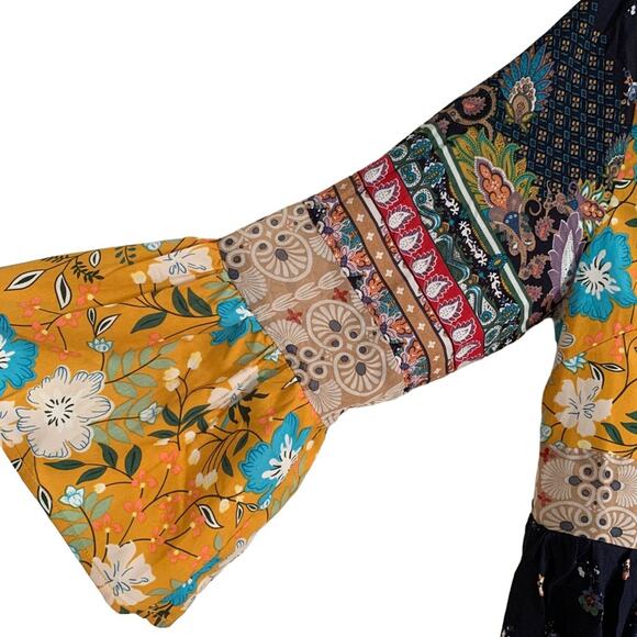 Umgee Navy Gold Mixed Print Boho Peasant Dress Small - Picture 4 of 7